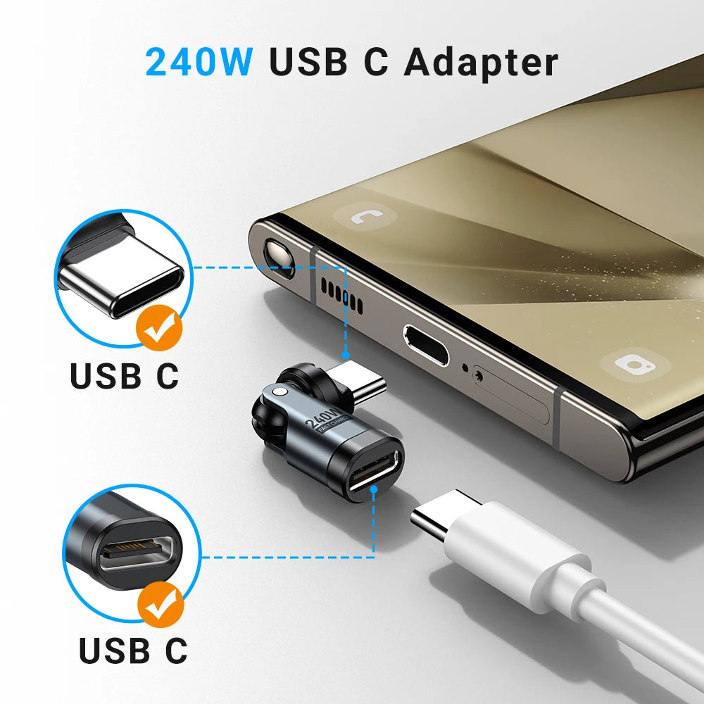 AUFU PD240W USB C to Type C OTG Adapter 540 Rotation 5A Fast Charge Cable Converter for iPhone 16 MacBook Samsung Xiaomi Laptop