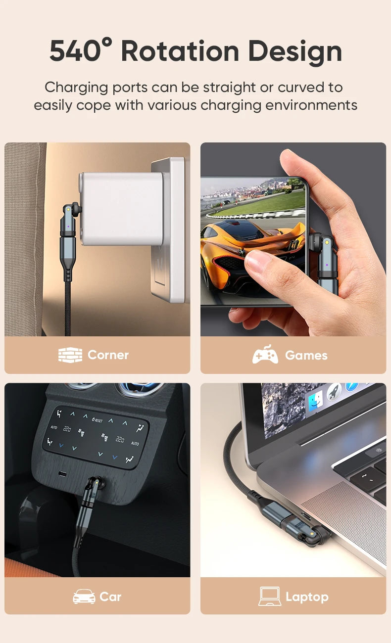 AUFU PD240W USB C to Type C OTG Adapter 540 Rotation 5A Fast Charge Cable Converter for iPhone 16 MacBook Samsung Xiaomi Laptop