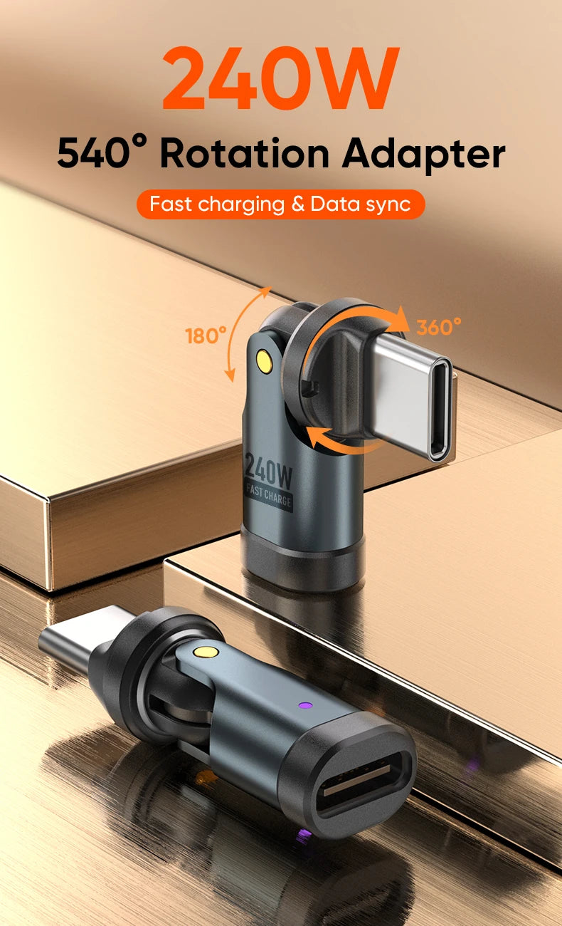 AUFU PD240W USB C to Type C OTG Adapter 540 Rotation 5A Fast Charge Cable Converter for iPhone 16 MacBook Samsung Xiaomi Laptop