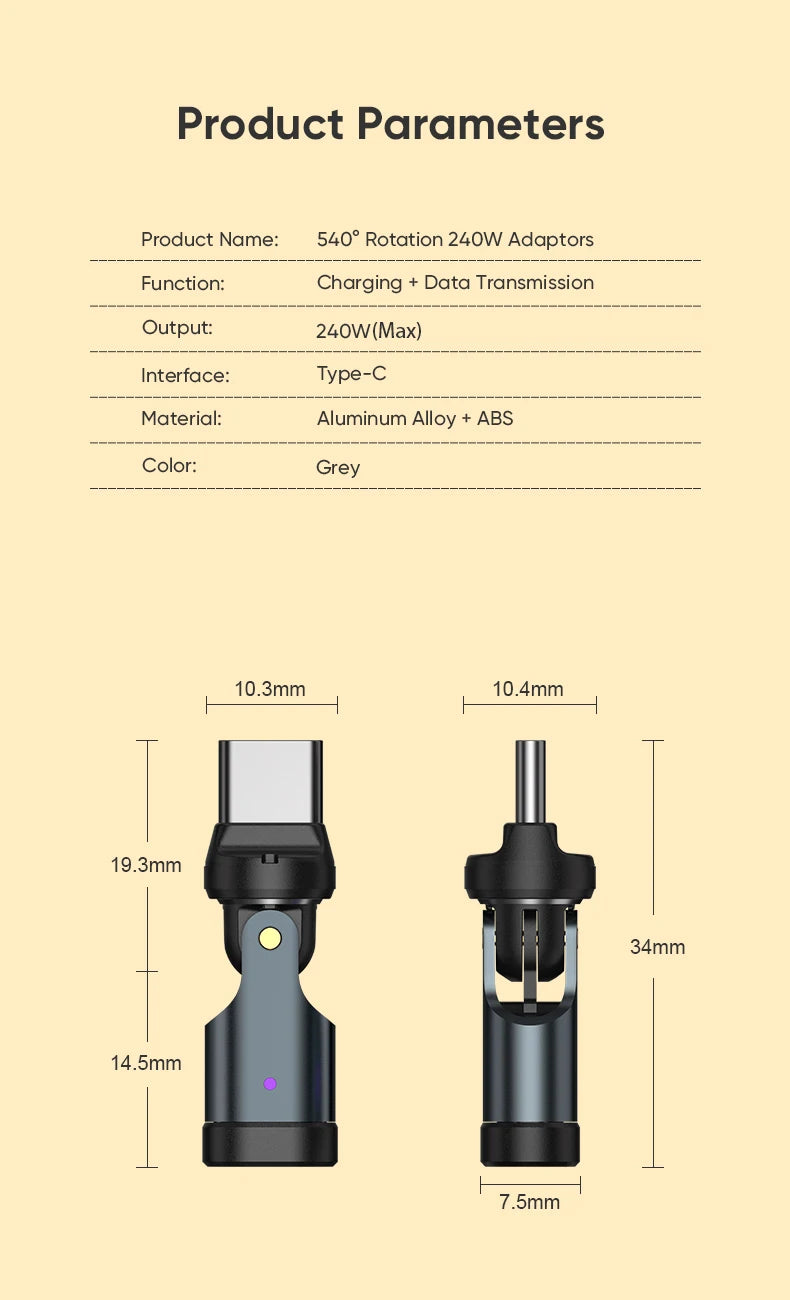 AUFU PD240W USB C to Type C OTG Adapter 540 Rotation 5A Fast Charge Cable Converter for iPhone 16 MacBook Samsung Xiaomi Laptop